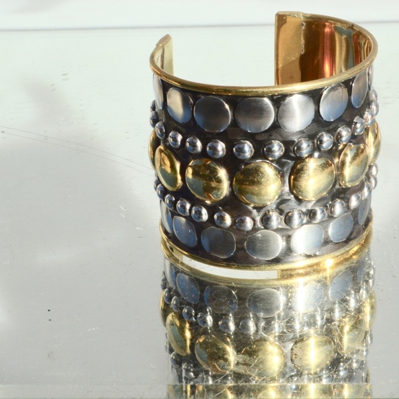 Biker Cuff Silver Brass Wide Bracelet Stud Studded - Picture 4 of 8